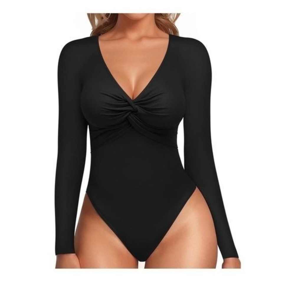 MANGOPOP Black Twist Front V Neck Long Sleeve Bodysuit XL Tanga Bottom NWT
